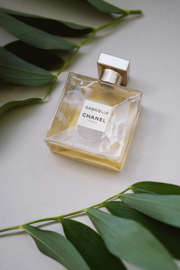 Chanel perfume and tropical leaves